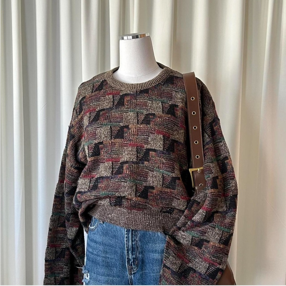 Vintage 90s Coogi Style Textured Knit Sweater Earth Tone Grandpa. - Picture 2 of 8